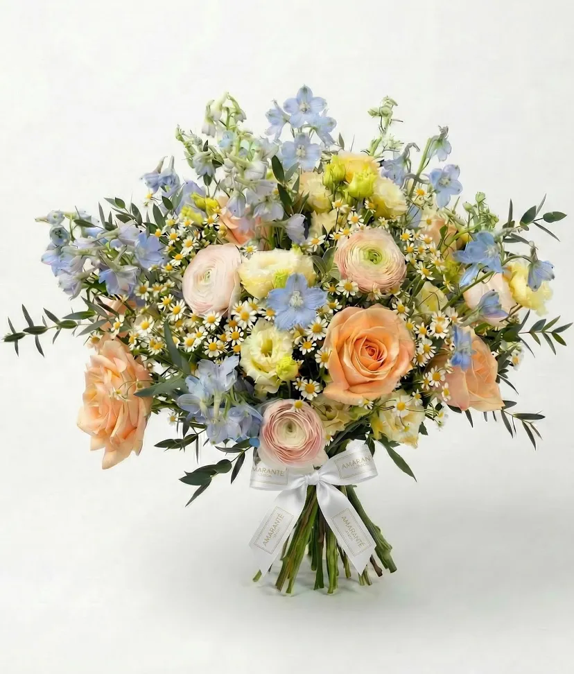 Blue, yellow and peach birthday bouquet
