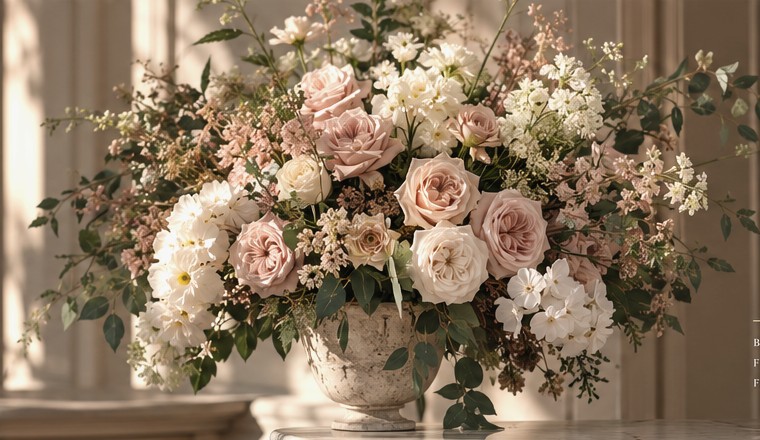Romantic blush-pink peonies and roses in soft natural light